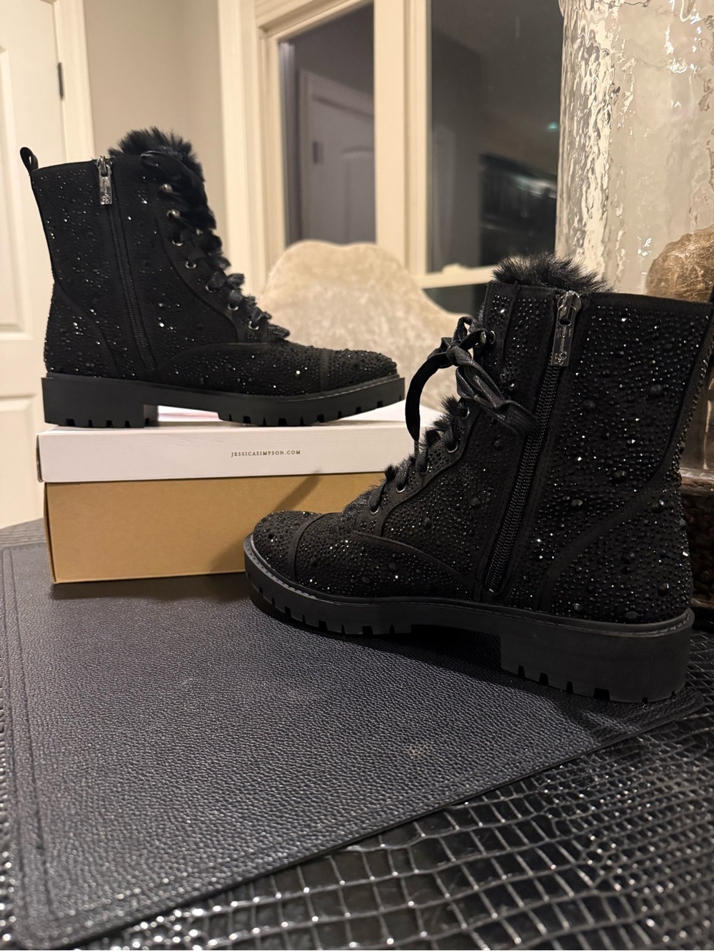 Jessica Simpson Black Sparkle Faux-Fur Lace-Up Combat Boots